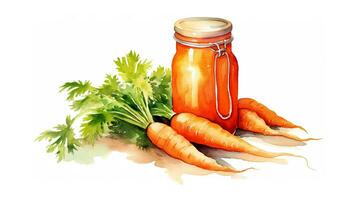 Carrot jam in a glass jar and fresh carrots. Hand-made watercolor illustration. photo