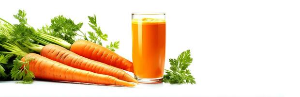 Carrots and freshly squeezed carrot juice on a white background with space for text. A glass of vegetable juice. photo