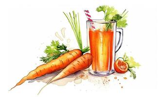 Carrot juice in a glass with fresh carrots. Watercolor hand drawn illustration. photo