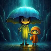 Little boy and girl under umbrella in the rain. Cartoon brother and sister under umbrella. Futuristic children's background. photo