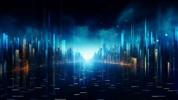 Futuristic cityscape with neon lights and fog. bstract futuristic sci-fi tunnel. Background for data center, internet. High tech background. photo