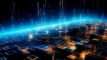 Abstract technology background with glowing cubes. Futuristic line and dot with bokeh abstract background concept. photo