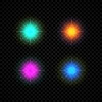 Light effect of lens flares. Set of four green, orange, purple and blue glowing lights starburst effects with sparkles on a dark vector