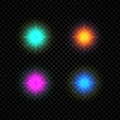 Light effect of lens flares. Set of four green, orange, purple and blue glowing lights starburst effects with sparkles on a dark