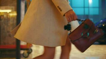 un asiático mujer con un bolso en su mano caminando en un lujoso hotel vestíbulo video