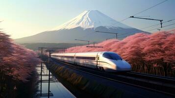 Shinkansen or Bullet train run pass through Mountain Fuji and Shibazakura at spring. Shinkansen in japan. Generetive Ai photo