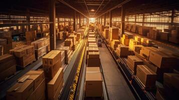 Cardboard boxes on a conveyor belt in factory. Large warehouse. Generative AI. photo