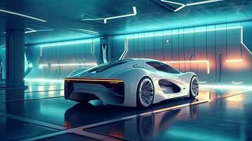 A futuristic electric car is connected to a charging station in the underground parking of the business center. Automotive technology concept. Generative Ai photo