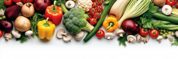 Assortment of fresh vegetables. Food background with assortment of fresh organic vegetables. Fresh vegetables. wide banner. Generative AI photo