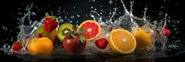 Assortment of Fresh fruits mixed falling into water with a big splash . Wide banner. Generative AI photo