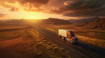 un transporte semi camión sin esfuerzo cruce el expansivo terreno, un representación de logística, carga y entrega. generativo ai foto