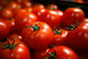 Tomatoes, Organic red tomatoes in market. Generative Ai photo