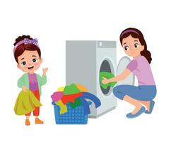 girl washing clothes with washing machine vector