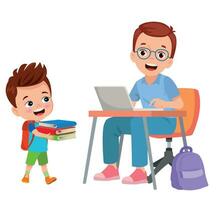 father and cute boy working with computer vector