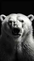 majestuoso polar oso en oscuro antecedentes en negro y blanco generativo ai foto