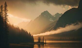 Ethereal Sunrise over Medicine Lake in Jasper National Park photo