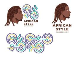 Beauty salon logo and identity. Flat vector illustration of men face. Traditional curly hairstyles of African American men.