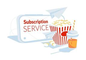metaphor for media content subscription service. A large paper glass of popcorn and a glass of drink on the background of a large smartphone screen. Access to films and shows is open. vector