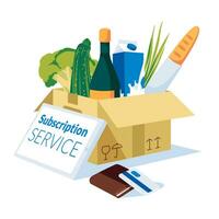 metaphor for subscription and product delivery service. A box with products, a tablet for ordering online, a wallet, a bank card. Access to various products is open. Flat vector illustration.