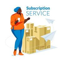 metaphor for subscription and delivery service. Happy black woman standing with a smartphone in her hand. A group of large paper boxes in the background. Paper planes are flying. vector