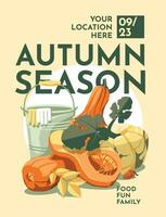 poster with harvest of autumn pumpkin. Halloween, thanksgiving, farm festival poster, text card. Vector flat illustration