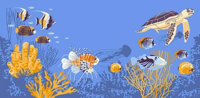 Inhabitants of the underwater marine world, elements of flora and fauna Sea turtle, coral fish, elf, coral. flat vector illustration.