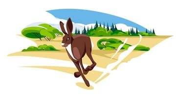 A hare runs alone on a summer meadow. Wild animals are common. Coniferous forest and clouds background. Vector flat illustration