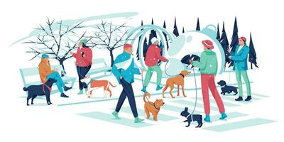 People walk with dogs in the winter city. Flat vector illustration of a snowy decorated city for New Year and Christmas.