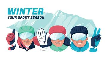 Characters of different happy people dressed in ski equipment show welcome gestures with their hands against the backdrop of a mountain landscape. Flat vector illustration