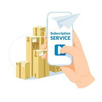 metaphor of subscription and delivery service. A hand with a big smartphone in front of a group of boxes in the background. A paper plane flies around a large smartphone. Flat vector illustration.