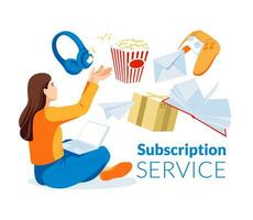metaphor for subscription and delivery service. Happy attractive girl is sitting with a laptop. A group of large items boxes, headphones, a book, popcorn, a game console, a paper airplane. Access to vector