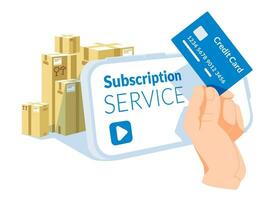 metaphor for subscription and delivery service. A hand holds a credit card on a large smartphone screen background. A group of large paper boxes. vector