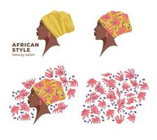 african american in a handkerchief with a print. Portrait, logo for beauty salons. Traditional african ethnic style vector