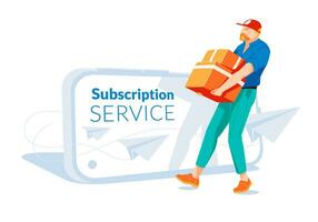 metaphor for global subscription and delivery service. The courier carries large boxes in front of a large smartphone. group of paper planes flying around a big smartphone. Flat vector illustration.