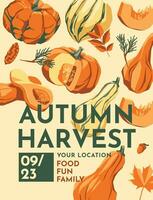 poster with harvest of autumn pumpkin. Halloween, thanksgiving, farm festival poster, text card. Vector flat illustration
