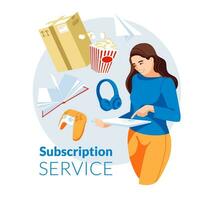 metaphor for subscription and delivery service. Happy attractive girl standing with a tablet in her hand. A group of large items boxes, headphones, a book, popcorn, a game console, a paper airplane. vector