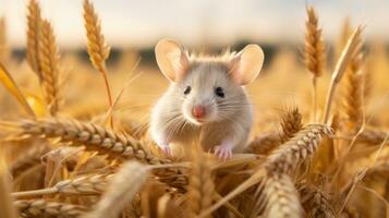 Gray Mouse in Field with Grain Spikelets AI Generated photo