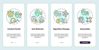 2D icons representing AI for SEO mobile app screen set. Walkthrough 4 steps multicolor graphic instructions with thin line icons concept, UI, UX, GUI template. vector