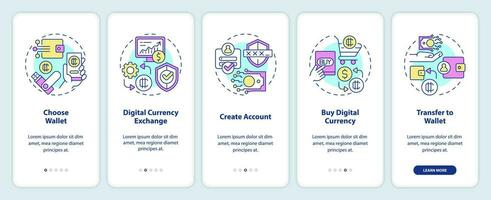 2D icons representing digital currency mobile app screen set. Walkthrough 5 steps multicolor graphic instructions with linear icons concept, UI, UX, GUI template. vector