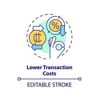 2D editable lower transaction costs thin line icon concept, isolated vector, multicolor illustration representing digital currency. vector