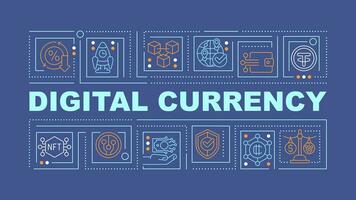 2D digital currency text concept with various icons on dark blue background, vector illustration.