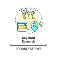 Editable keyword research icon concept, isolated vector, AI for SEO thin line illustration. vector