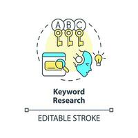 Editable keyword research icon concept, isolated vector, AI for SEO thin line illustration. vector