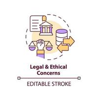 editable legal y ético preocupaciones concepto Delgado línea icono, aislado vector representando datos democratización.