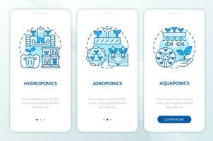 Linear blue icons representing types of vertical farming mobile app screen set. 3 steps graphic instructions, UI, UX, GUI template. vector