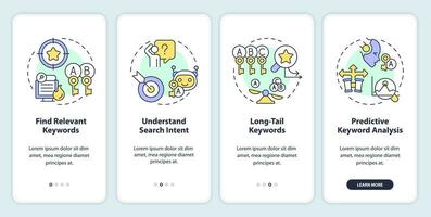 2D icons representing AI for SEO mobile app screen set. Walkthrough 4 steps multicolor graphic instructions with line icons concept, UI, UX, GUI template. vector