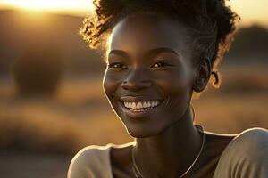 radiante africano mujer sonriente a puesta de sol foto