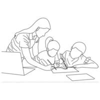 Teacher helps pupils color. Vector line art is isolated on a white background.