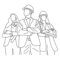 Line art of teamwork concept with architects isolated on a white background. vector