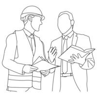 Line art of architect-engineer discusses construction project vector